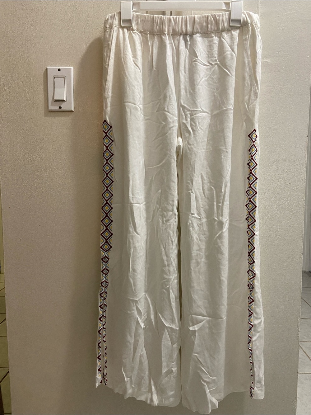Boho Embroidered-Trim White Wide Leg Pants